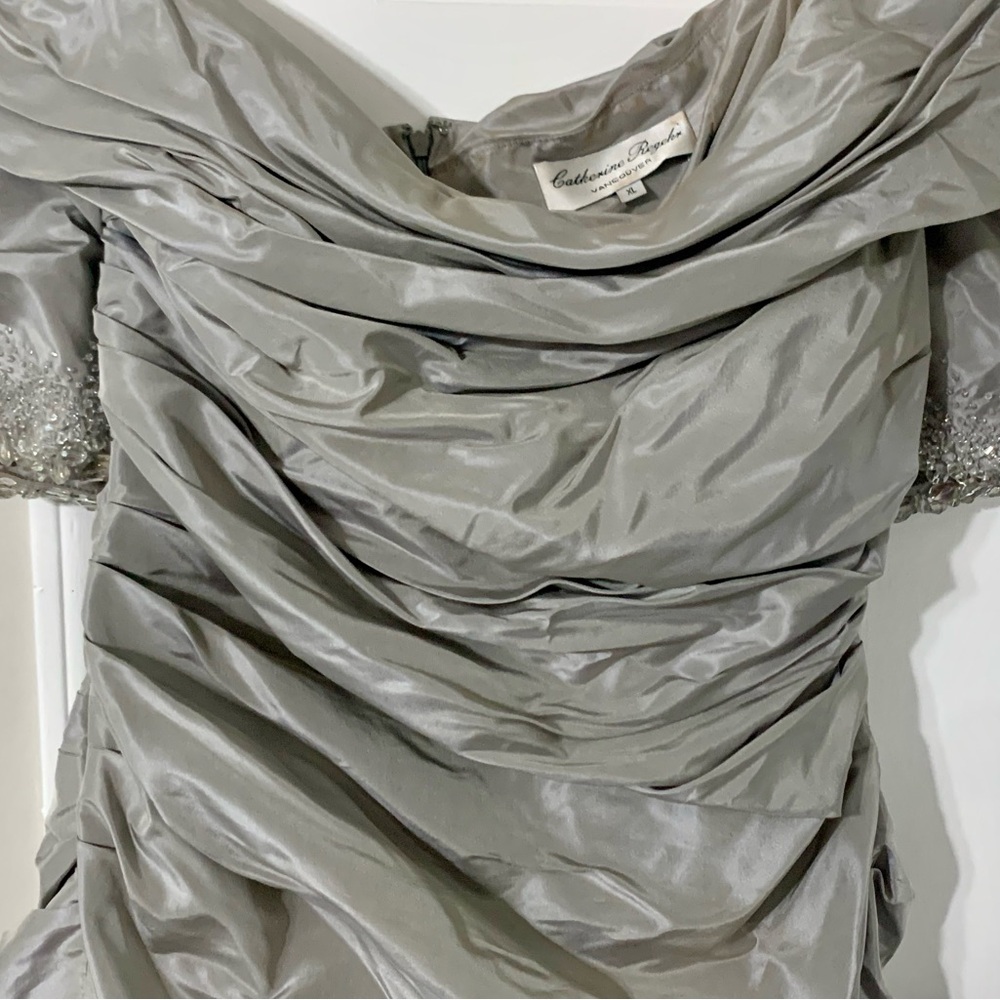 Elegant Catherine Regehr Silver Silk Ruched Dress with Glass Crystal Trim